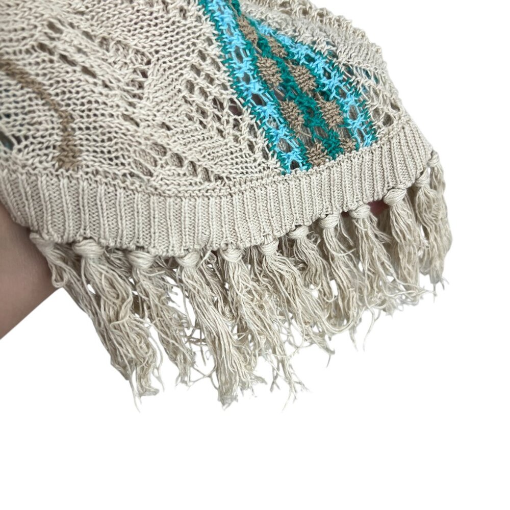 Chico's 100% linen crochet Teal Mix Fringe Detail Cardigan women's size 2 / L - Picture 8 of 8